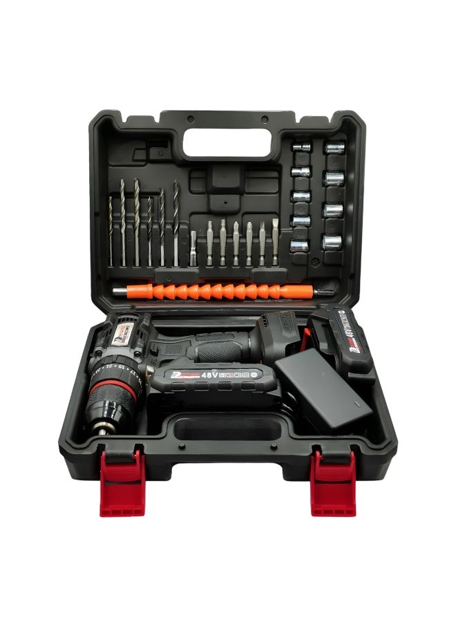 ديفاونز طقم مثقاب ومفك براغي لاسلكي بدون فرش من ديفاونز، 48 فولت، C007، 220-240 فولت، مع 23+3 إعدادات لعزم الدوران، تحكم متغير في السرعة، ضوء LED، مفتاح عكسي/أمامي، بطارية ليثيوم، طقم مثقاب مع رؤوس ومقابس، عمود مرن، حقيبة حمل - Image 2